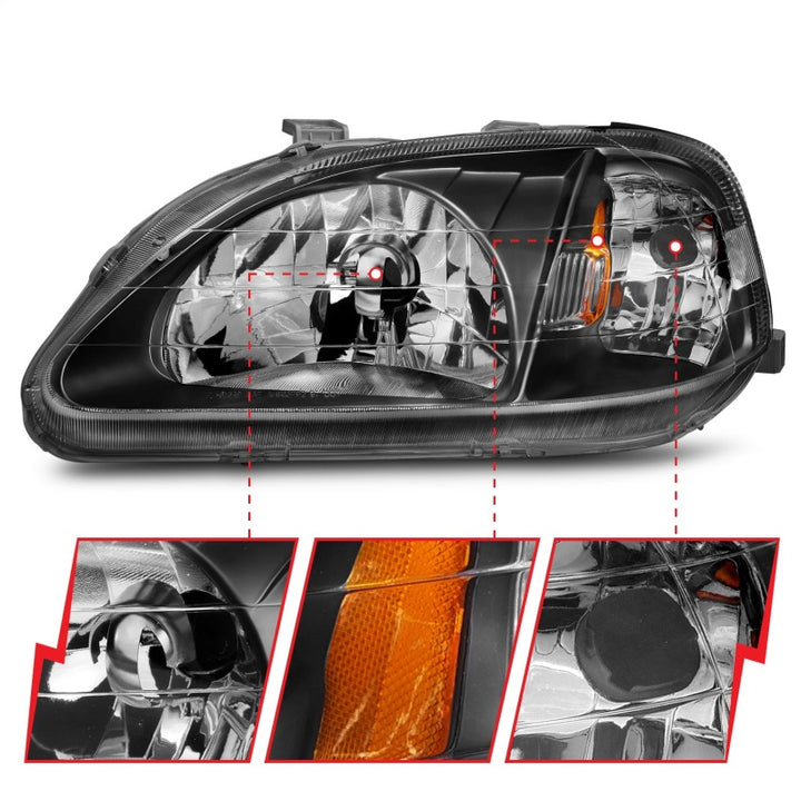 ANZO 1999-2000 Honda Civic Crystal Headlights Black - Bull Strap