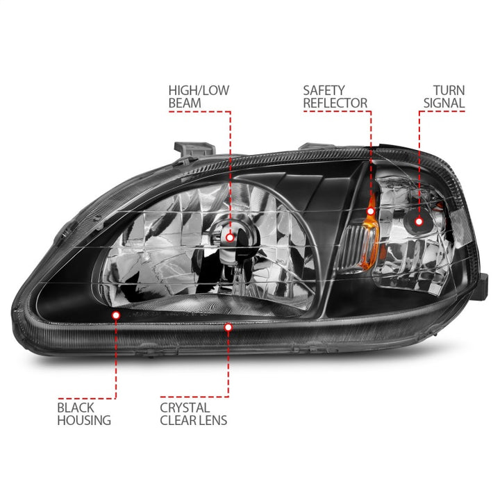 ANZO 1999-2000 Honda Civic Crystal Headlights Black - Bull Strap