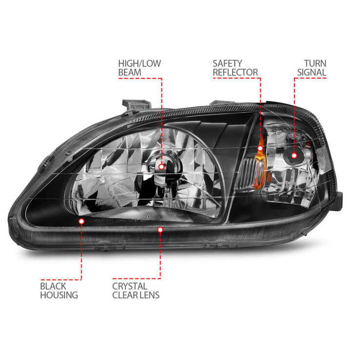 ANZO 1999-2000 Honda Civic Crystal Headlights Black - Bull Strap