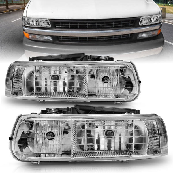 ANZO 1999-2002 Chevrolet Silverado 1500 Crystal Headlights Chrome - Bull Strap