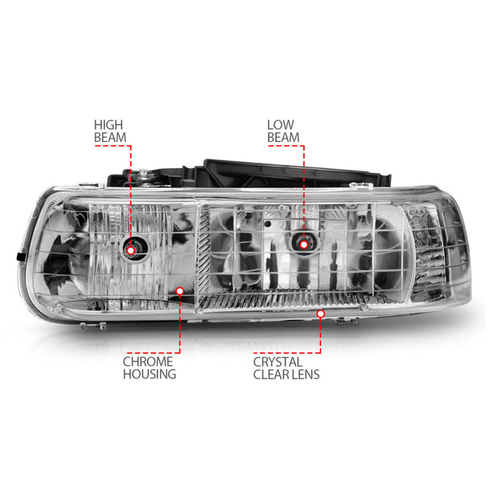 ANZO 1999-2002 Chevrolet Silverado 1500 Crystal Headlights Chrome - Bull Strap