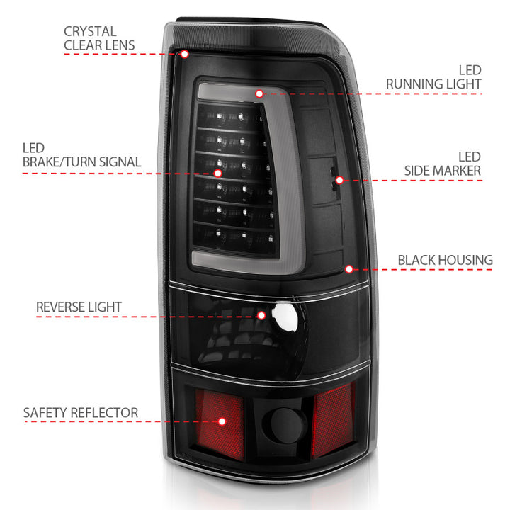 ANZO 1999-2002 Chevy Silverado 1500 LED Taillights Plank Style Black w/Clear Lens - Bull Strap