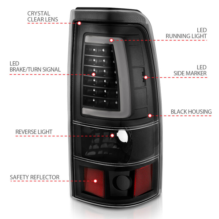 ANZO 1999-2002 Chevy Silverado 1500 LED Taillights Plank Style Black w/Clear Lens - Bull Strap