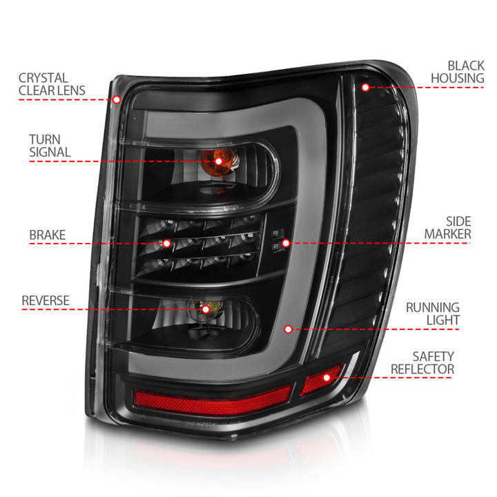 ANZO 1999-2004 Jeep Grand Cherokee LED Tail Lights w/ Light Bar Black Housing Clear Lens - Bull Strap