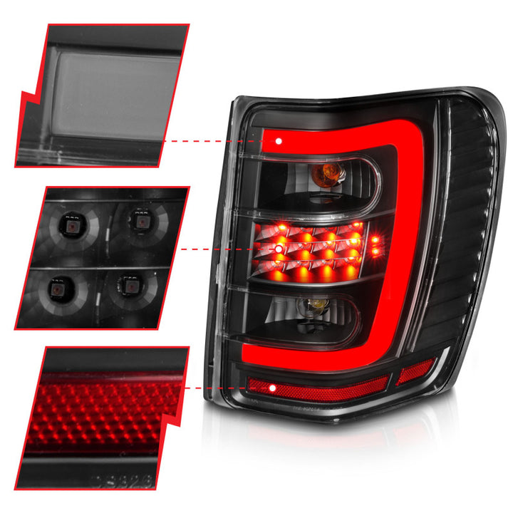 ANZO 1999-2004 Jeep Grand Cherokee LED Tail Lights w/ Light Bar Black Housing Clear Lens - Bull Strap