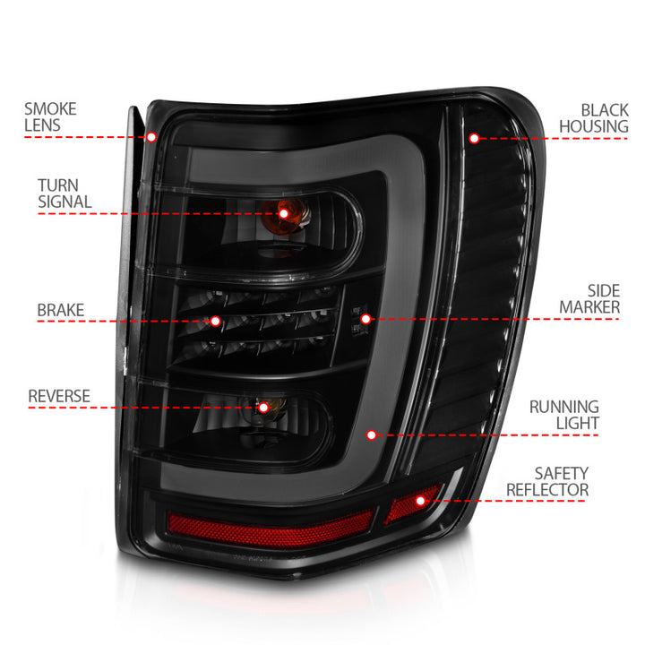 ANZO 1999-2004 Jeep Grand Cherokee LED Tail Lights w/ Light Bar Black Housing Smoke Lens - Bull Strap