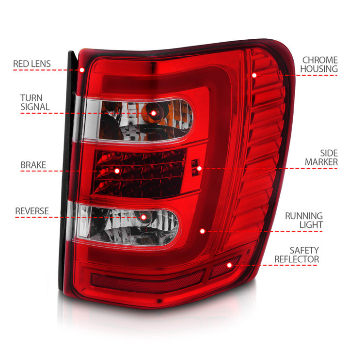 ANZO 1999-2004 Jeep Grand Cherokee LED Tail Lights w/ Light Bar Chrome Housing Red/Clear Lens - Bull Strap