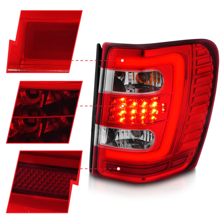 ANZO 1999-2004 Jeep Grand Cherokee LED Tail Lights w/ Light Bar Chrome Housing Red/Clear Lens - Bull Strap