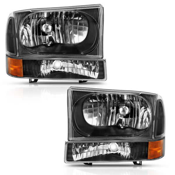 ANZO 2000-2004 Ford Excursion Crystal Headlight w/ Corner Light Black Amber (w/o Bulb) - Bull Strap