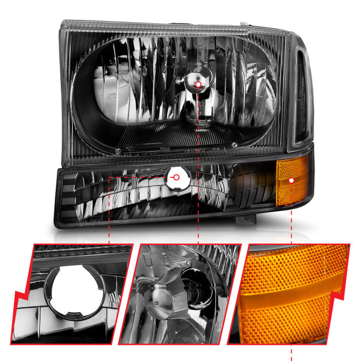 ANZO 2000-2004 Ford Excursion Crystal Headlights Black - Bull Strap