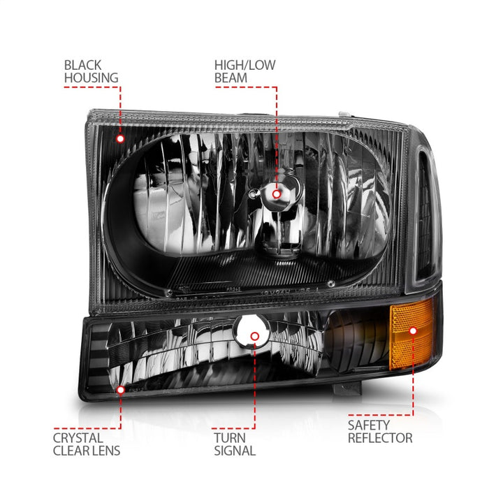 ANZO 2000-2004 Ford Excursion Crystal Headlights Black - Bull Strap