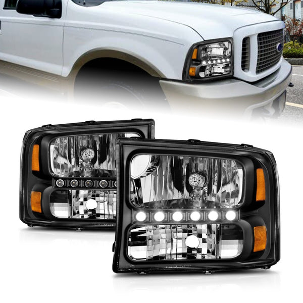 ANZO 2000-2004 Ford Excursion Crystal Headlights Black w/ LED 1pc - Bull Strap