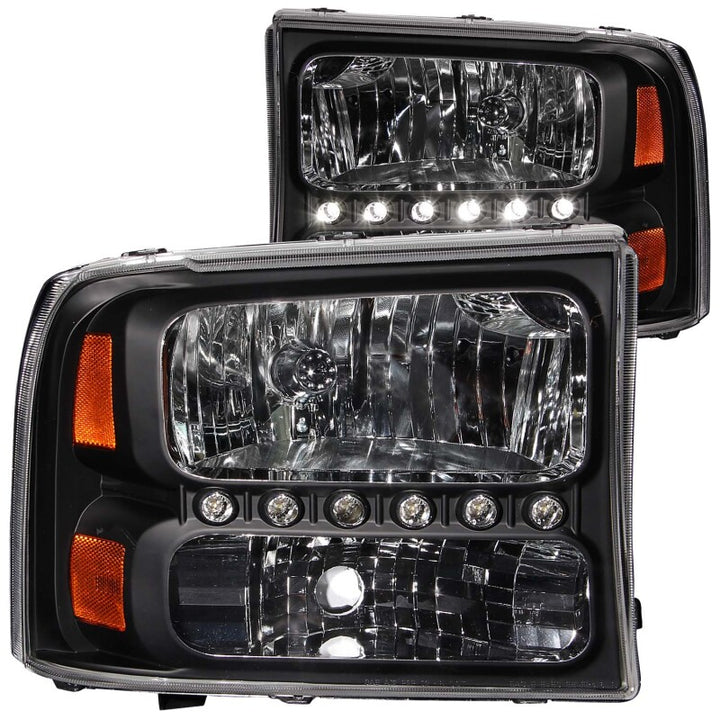 ANZO 2000-2004 Ford Excursion Crystal Headlights Black w/ LED 1pc - Bull Strap