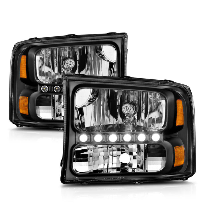 ANZO 2000-2004 Ford Excursion Crystal Headlights Black w/ LED 1pc - Bull Strap