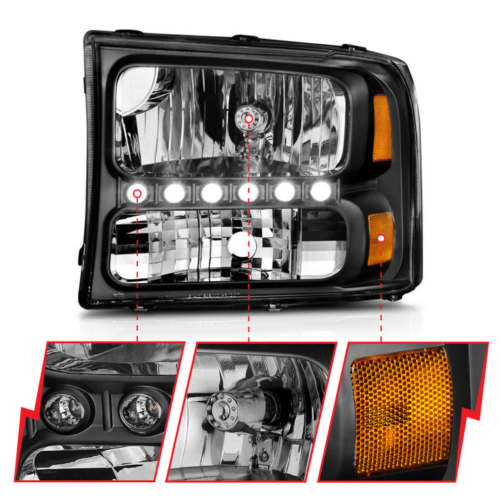 ANZO 2000-2004 Ford Excursion Crystal Headlights Black w/ LED 1pc - Bull Strap