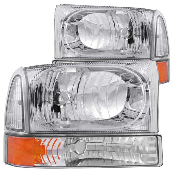 ANZO 2000-2004 Ford Excursion Crystal Headlights Chrome w/ Corner Lights 2pc - Bull Strap
