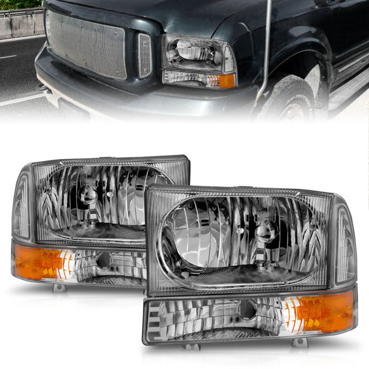 ANZO 2000-2004 Ford Excursion Crystal Headlights Chrome w/ Corner Lights 2pc - Bull Strap
