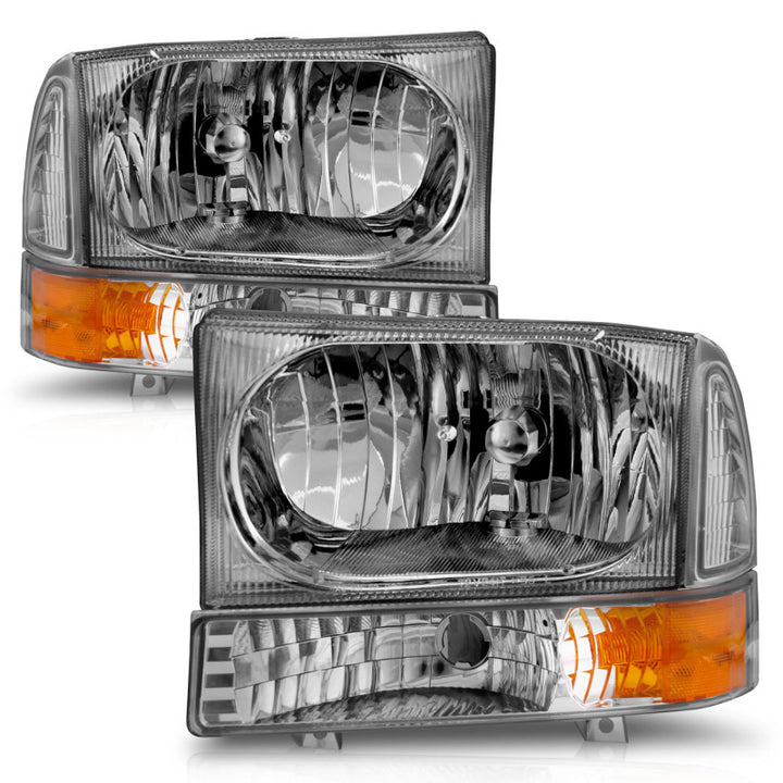 ANZO 2000-2004 Ford Excursion Crystal Headlights Chrome w/ Corner Lights 2pc - Bull Strap