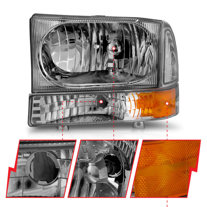 ANZO 2000-2004 Ford Excursion Crystal Headlights Chrome w/ Corner Lights 2pc - Bull Strap