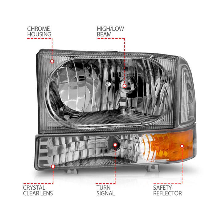 ANZO 2000-2004 Ford Excursion Crystal Headlights Chrome w/ Corner Lights 2pc - Bull Strap