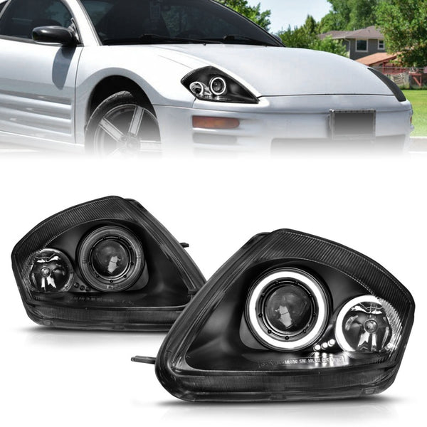 ANZO 2000-2005 Mitsubishi Eclipse Projector Headlights w/ Halo Black - Bull Strap
