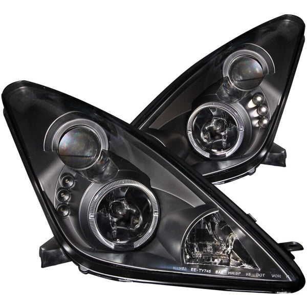 ANZO 2000-2005 Toyota Celica Projector Headlights w/ Halo Black - Bull Strap
