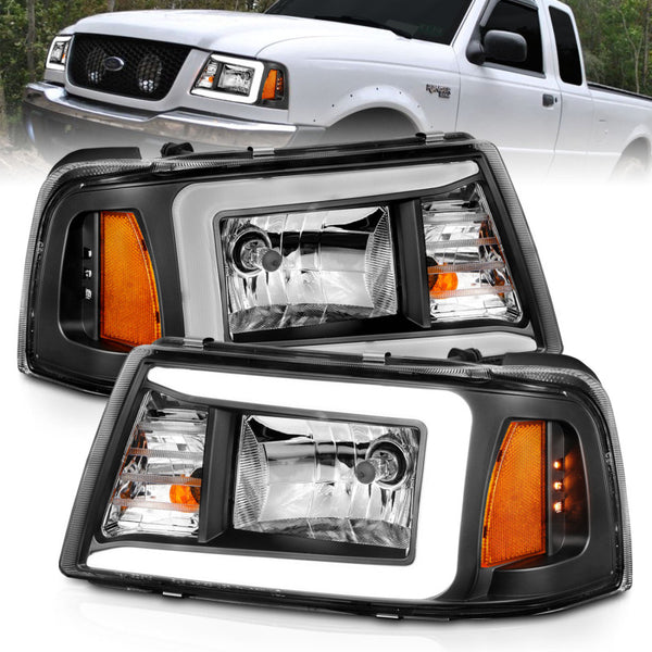 ANZO 2001-2011 Ford Ranger Crystal Headlights w/ Light Bar Black Housing - Bull Strap