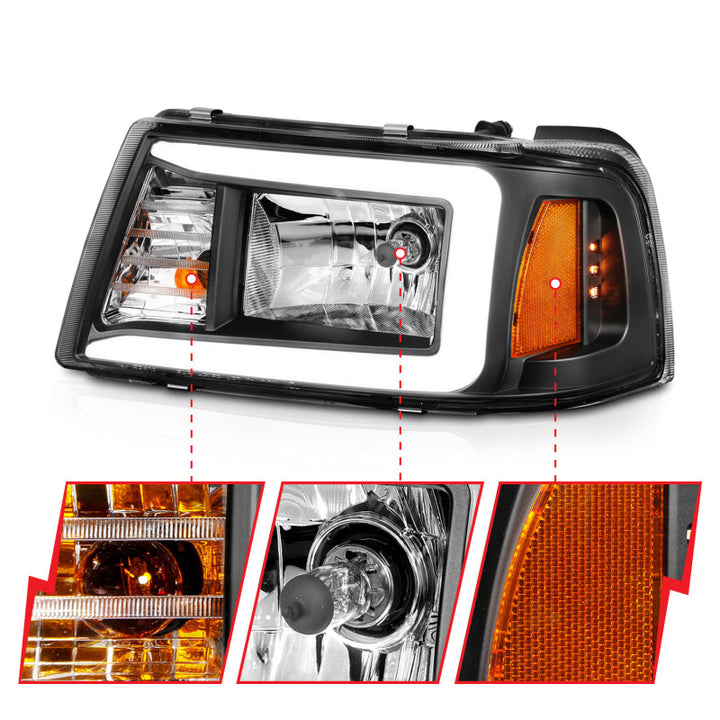 ANZO 2001-2011 Ford Ranger Crystal Headlights w/ Light Bar Black Housing - Bull Strap