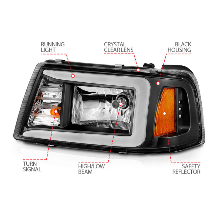 ANZO 2001-2011 Ford Ranger Crystal Headlights w/ Light Bar Black Housing - Bull Strap