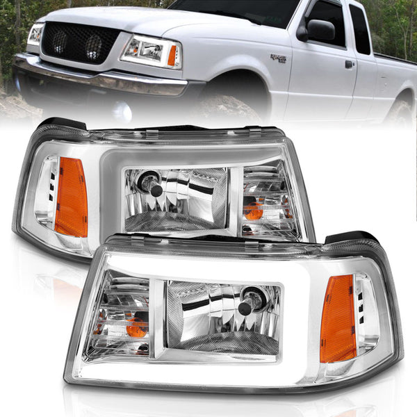 ANZO 2001-2011 Ford Ranger Crystal Headlights w/ Light Bar Chrome Housing - Bull Strap