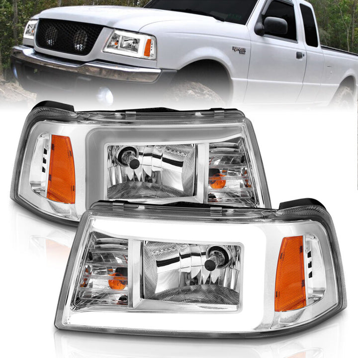ANZO 2001-2011 Ford Ranger Crystal Headlights w/ Light Bar Chrome Housing - Bull Strap