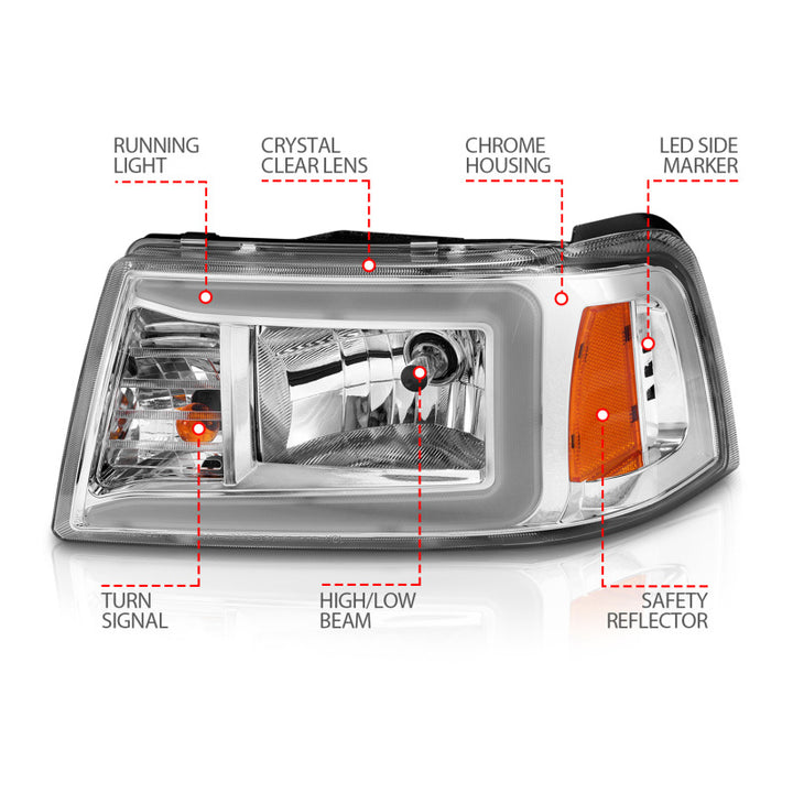 ANZO 2001-2011 Ford Ranger Crystal Headlights w/ Light Bar Chrome Housing - Bull Strap