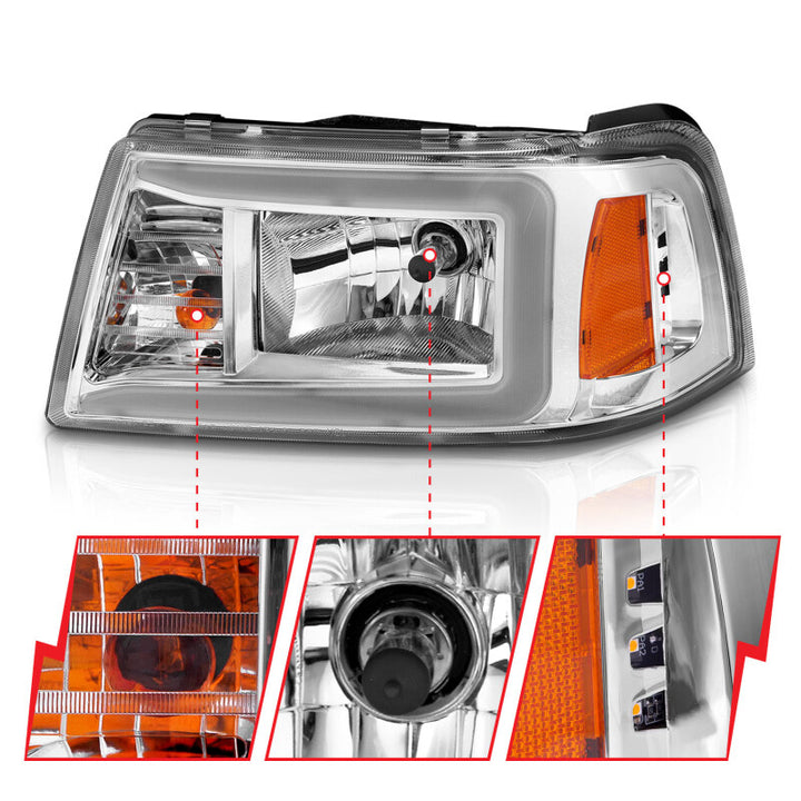 ANZO 2001-2011 Ford Ranger Crystal Headlights w/ Light Bar Chrome Housing - Bull Strap