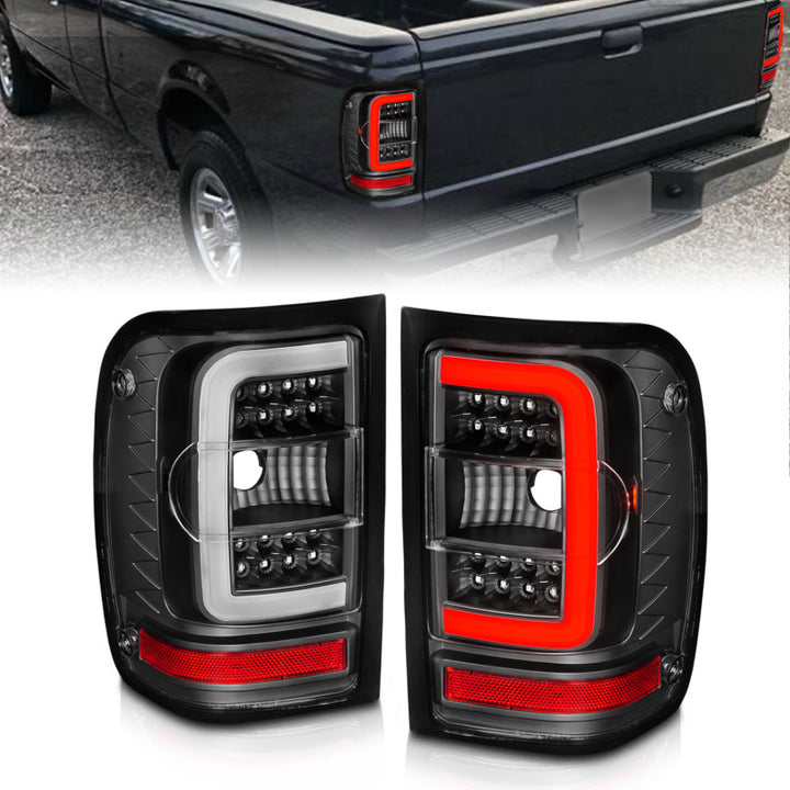 ANZO 2001-2011 Ford  Ranger LED Tail Lights w/ Light Bar Black Housing Clear Lens - Bull Strap