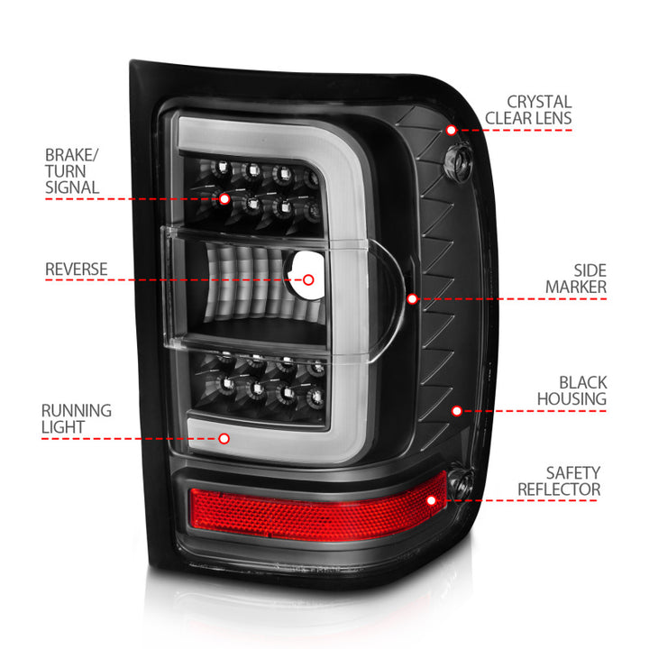 ANZO 2001-2011 Ford  Ranger LED Tail Lights w/ Light Bar Black Housing Clear Lens - Bull Strap