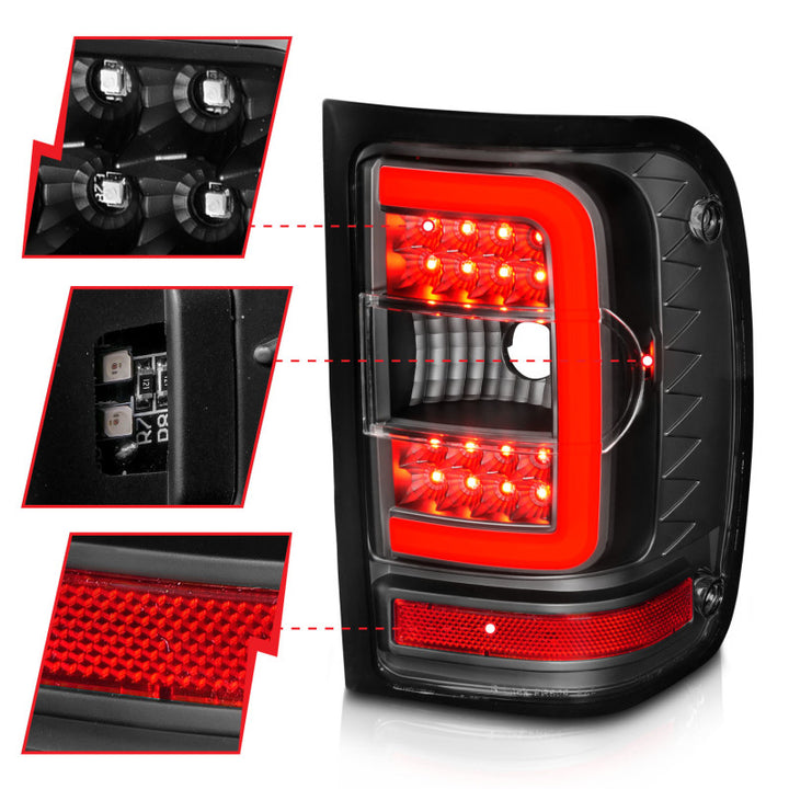 ANZO 2001-2011 Ford  Ranger LED Tail Lights w/ Light Bar Black Housing Clear Lens - Bull Strap