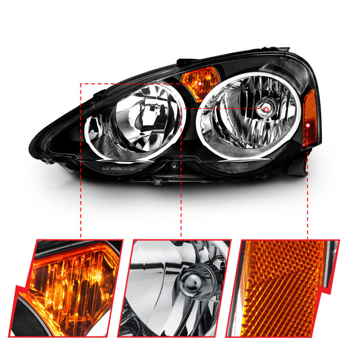 ANZO 2002-2004 Acura RSX Crystal Headlights Black - Bull Strap