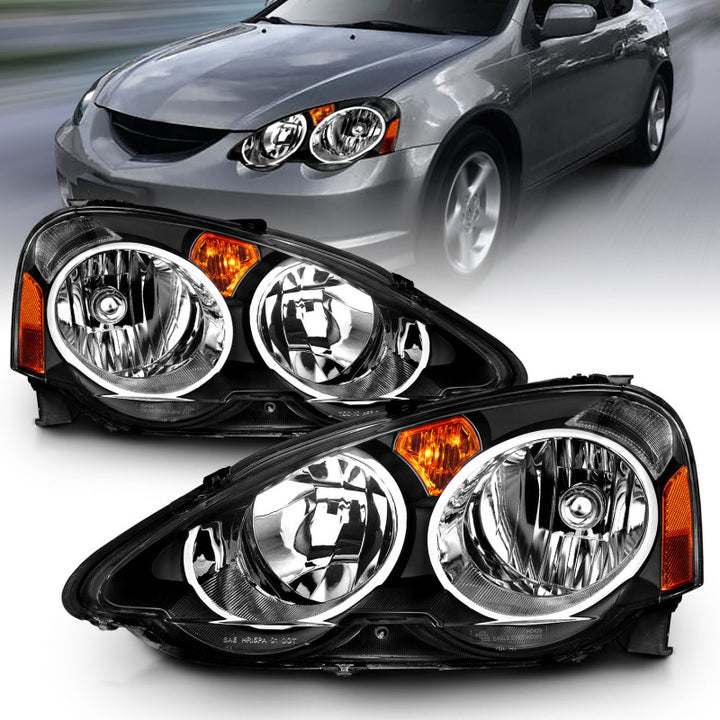 ANZO 2002-2004 Acura RSX Crystal Headlights Black - Bull Strap