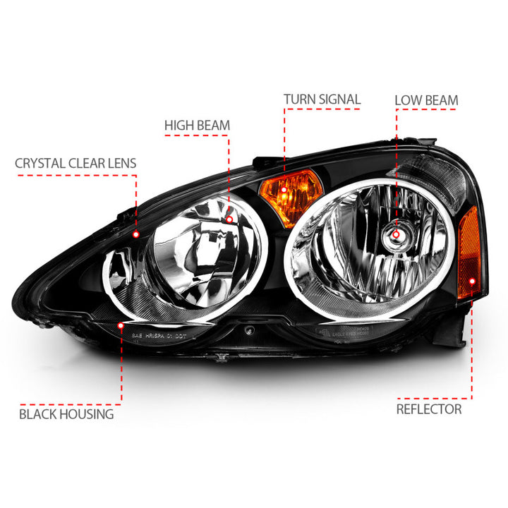 ANZO 2002-2004 Acura RSX Crystal Headlights Black - Bull Strap