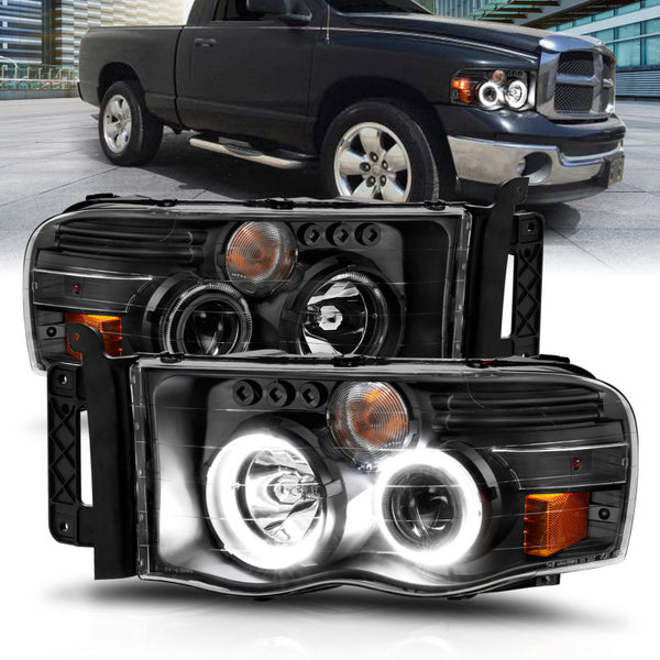 ANZO 2002-2005 Dodge Ram 1500 Projector Headlights w/ Halo Black Clear Amber - Bull Strap