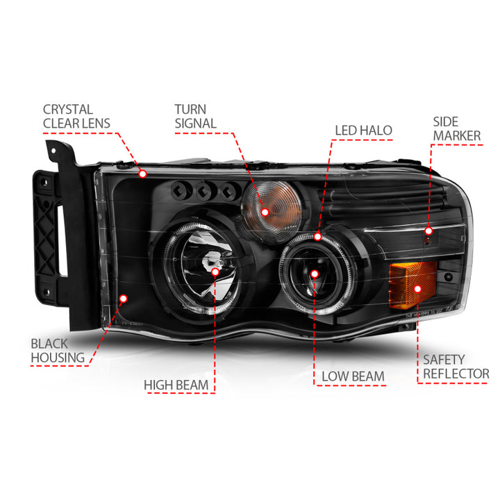 ANZO 2002-2005 Dodge Ram 1500 Projector Headlights w/ Halo Black Clear Amber - Bull Strap