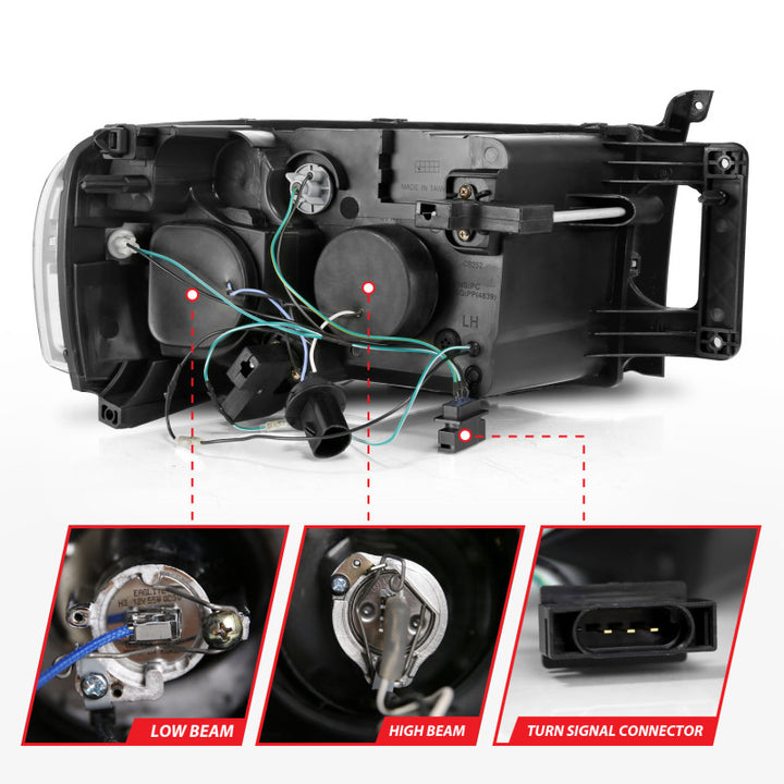 ANZO 2002-2005 Dodge Ram 1500 Projector Headlights w/ Halo Black Clear Amber - Bull Strap