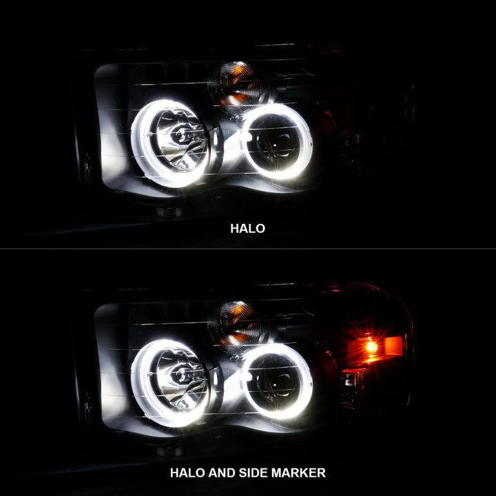 ANZO 2002-2005 Dodge Ram 1500 Projector Headlights w/ Halo Black Clear Amber - Bull Strap