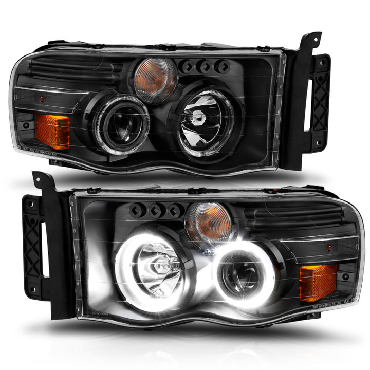 ANZO 2002-2005 Dodge Ram 1500 Projector Headlights w/ Halo Black Clear Amber - Bull Strap