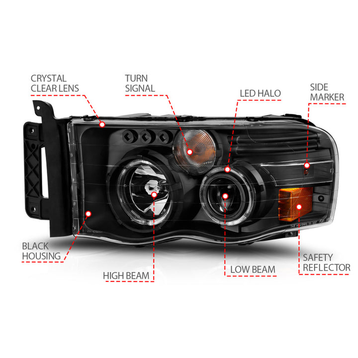 ANZO 2002-2005 Dodge Ram 1500 Projector Headlights w/ Halo Black Clear Amber - Bull Strap