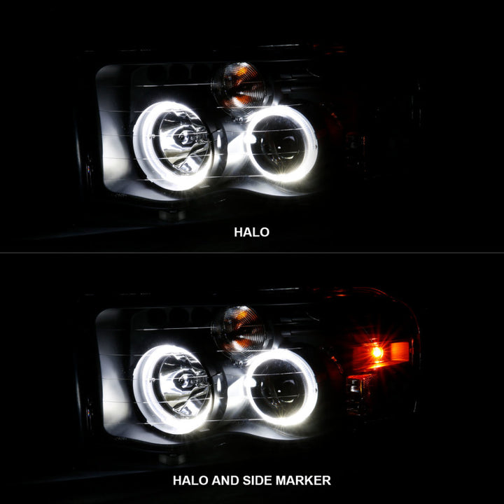 ANZO 2002-2005 Dodge Ram 1500 Projector Headlights w/ Halo Black Clear Amber - Bull Strap