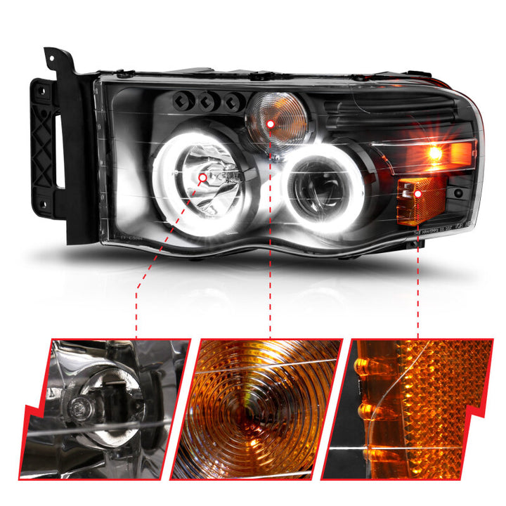 ANZO 2002-2005 Dodge Ram 1500 Projector Headlights w/ Halo Black Clear Amber - Bull Strap