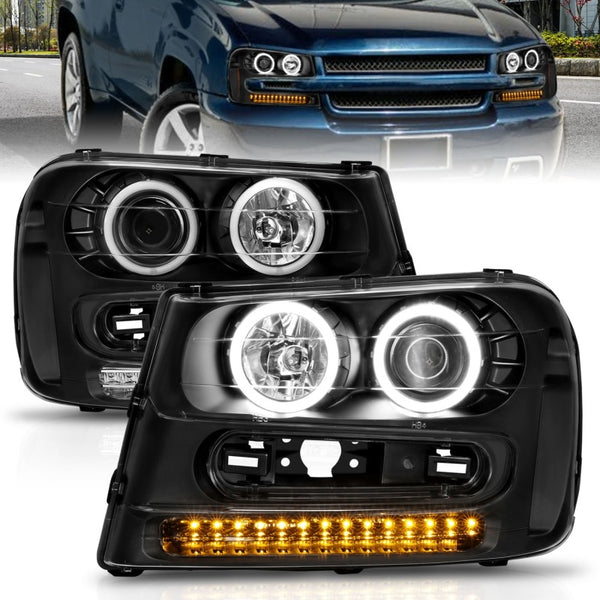 ANZO 2002-2009 Chevrolet Trailblazer Projector Headlights w/ Halo Black - Bull Strap