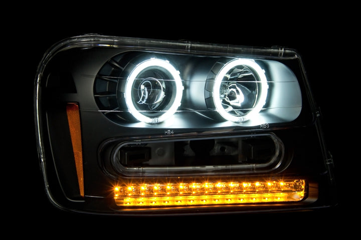 ANZO 2002-2009 Chevrolet Trailblazer Projector Headlights w/ Halo Black - Bull Strap