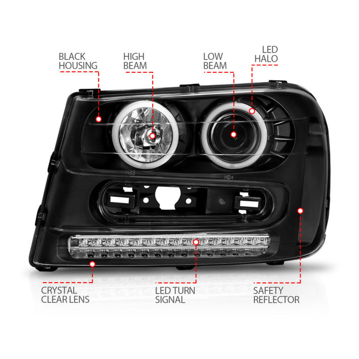 ANZO 2002-2009 Chevrolet Trailblazer Projector Headlights w/ Halo Black - Bull Strap